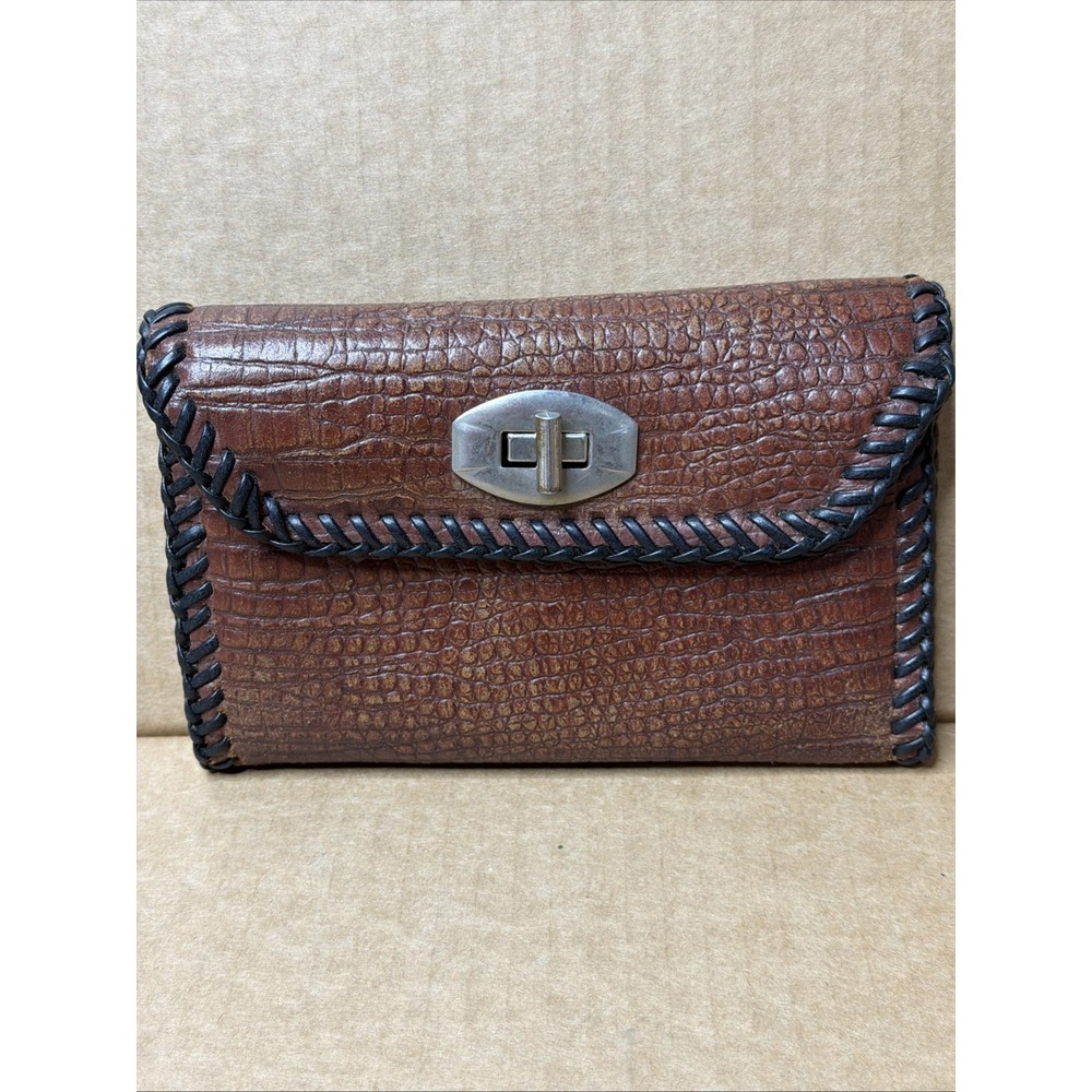 Vintage Handmade 60s/70s Croc Embossed Brown Leather Envelope Wallet
